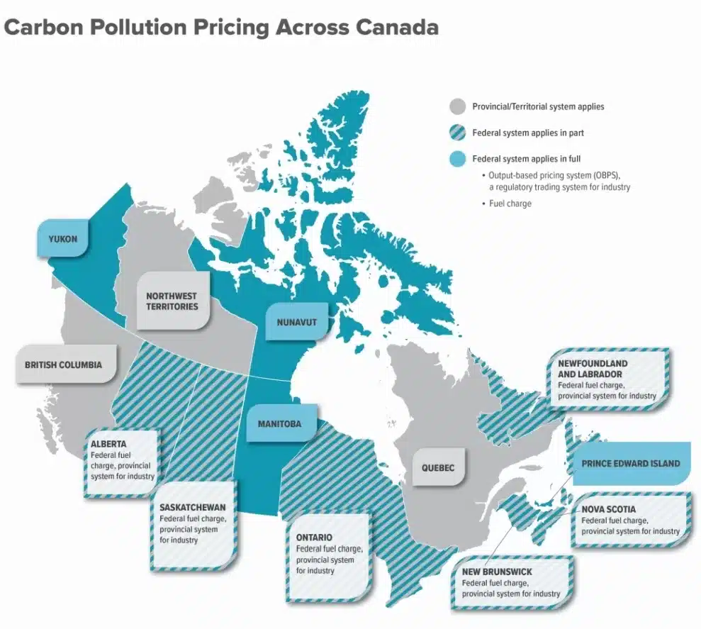 October 2025 Canada Carbon Rebate - How Much You Could Receive? Check Details 2 Map showing the Canadian provinces and territories affected by the carbon pricing system